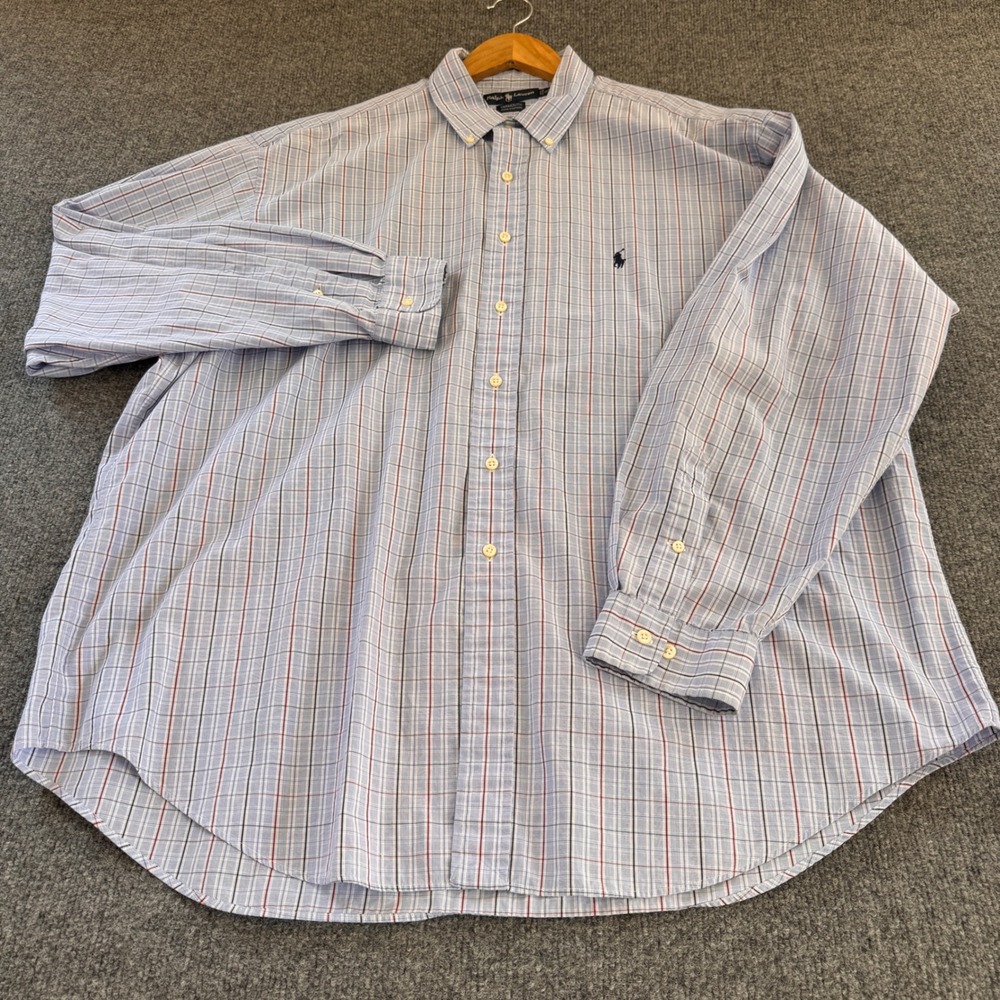 Ralph Lauren Yarmouth Shirt Men 18 36/37 Blue Plaid Cotton Button Down Excellent
